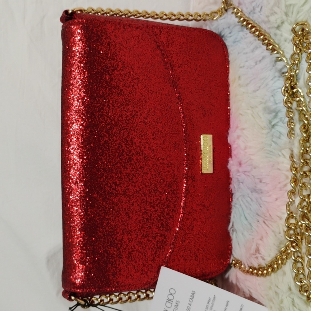 FLASH SALE! NWT Jimmy Choo Parfums Red Glitter Crossbody Bag Gold Chain Strap - Picture 2 of 12
